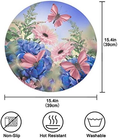 ALAZA Пролет Сини Цвеќиња со Розева Пеперутка Круг Placemats за Трпезариска Маса Placemat 1 Парче Табела Settings Маса