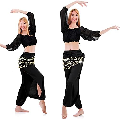 Geyoga 3 Парчиња на Жените Стомак Танц Костим Стомак Танц, Хип Шамија Долги Ракави Chiffon Врвот Висок Шлиц Harem Панталони