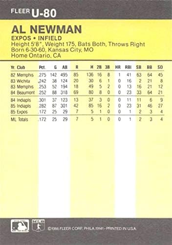 1986 Fleer Ажурирање Бејзбол U-80 Ал Њуман РК Дебитант Картичка Монтреал Expos Службен MLB Трговски Картичка