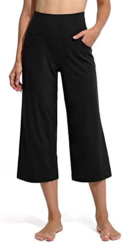 Promover Жените Широк Нога Capri Панталони Јога Исечете Панталони со Џебови Висока Половината Вообичаена Фустан Панталони