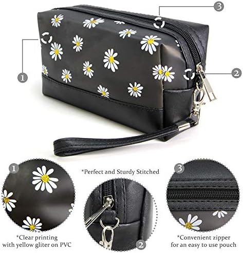 СМ МОДА Козметички Кеси за Жени, Девојки Мали Шминка Торбичка Патувањето Организаторот Чанта со Патент (Daisy-Црна)
